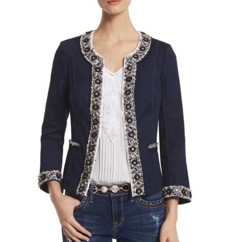 WHBM NAVY BEADED TWEED EMBELLISHED JACKET